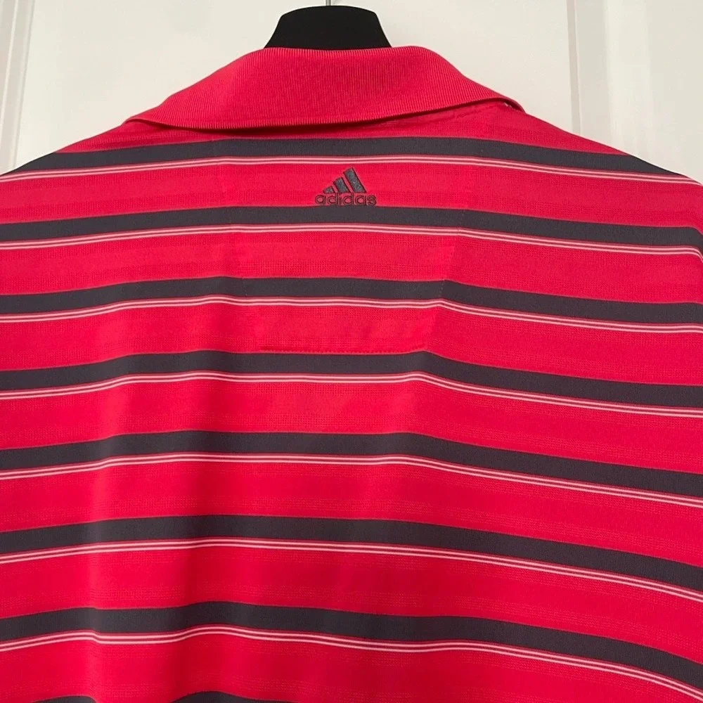Adidas Men's Golf Climalite Polo Shirt Red Navy Blue Striped Short Sleeve XL